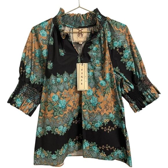 Figue Halima Top Blouse Smocked Floral Short Sleeve Size XL NWT - Picture 2 of 9